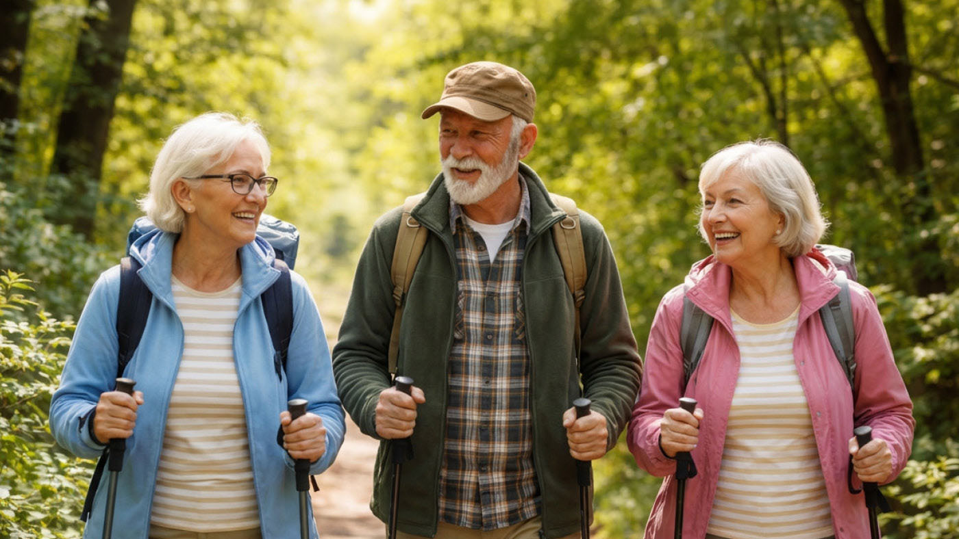 Eine Frau sitzt in einem Holzhaus auf dem Sofa und lächelt