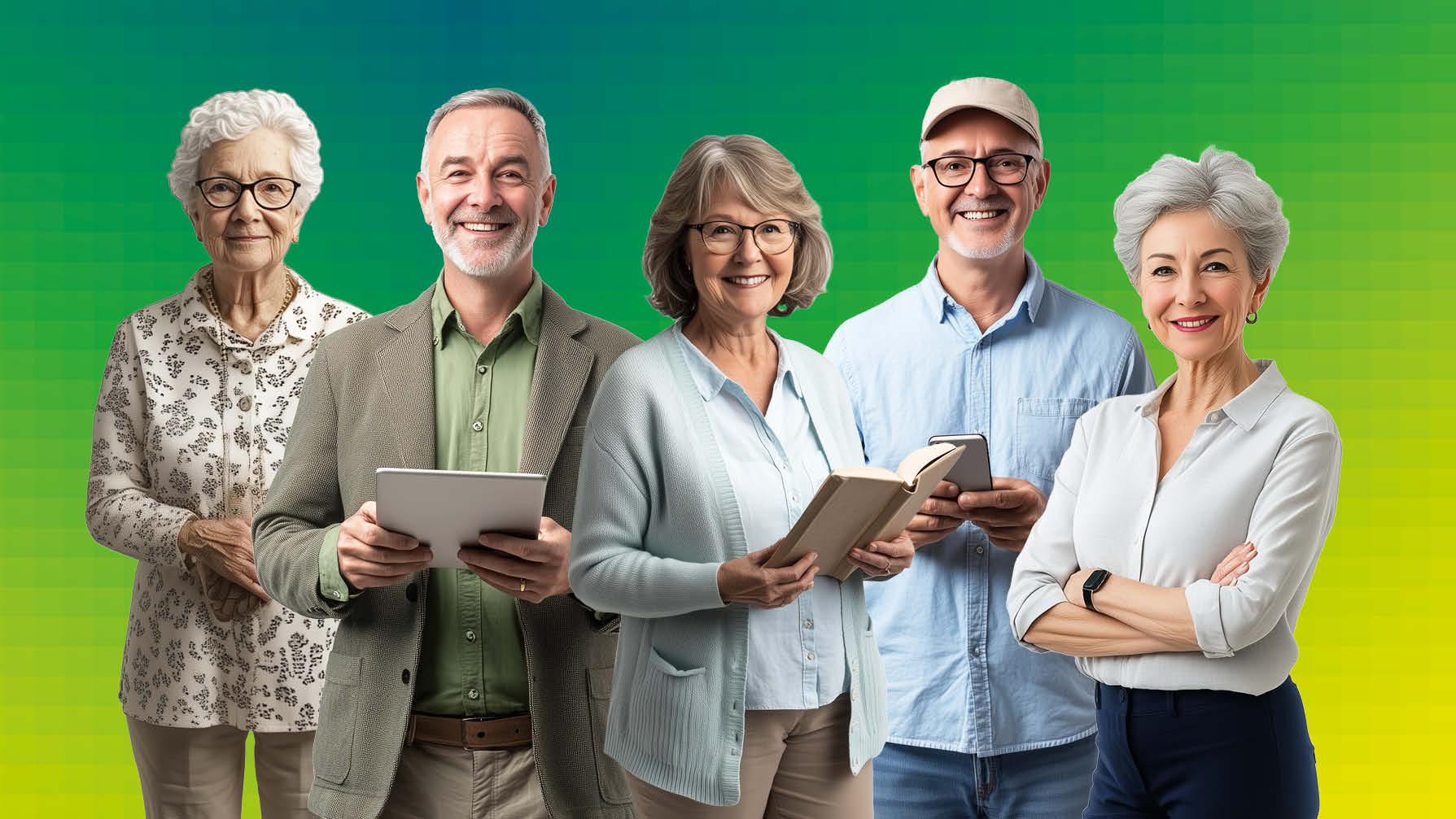 Fünf Seniorinnen und Senioren blicken in die Kamera